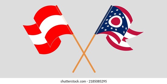 Crossed and waving flags of Austria and the State of Ohio. Vector illustration
