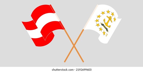 Crossed and waving flags of Austria and the State of Rhode Island. Vector illustration
