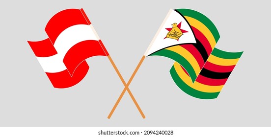 Crossed and waving flags of Austria and Zimbabwe. Vector illustration
