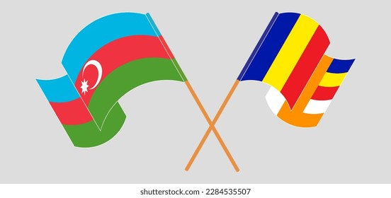 Crossed and waving flags of Azerbaijan and Buddhism. Vector illustration
