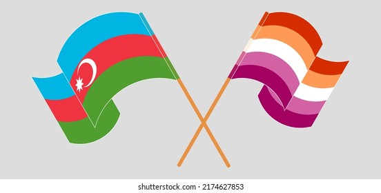 Crossed and waving flags of Azerbaijan and Lesbian Pride. Vector illustration
