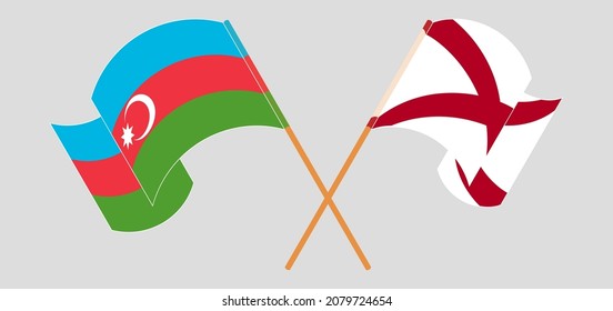 Crossed and waving flags of Azerbaijan and The State of Alabama. Vector illustration
