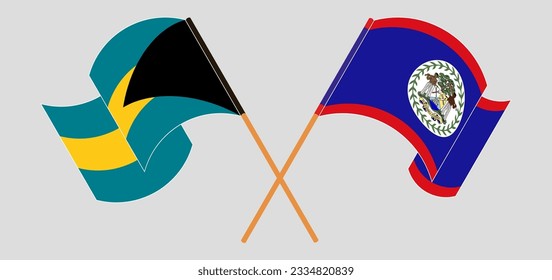 Crossed and waving flags of the Bahamas and Belize. Vector illustration
