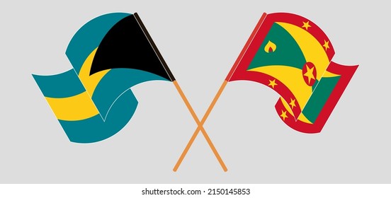 Crossed and waving flags of the Bahamas and Grenada. Vector illustration
