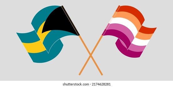 Crossed and waving flags of the Bahamas and Lesbian Pride. Vector illustration
