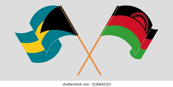 Crossed and waving flags of the Bahamas and Malawi. Vector illustration
