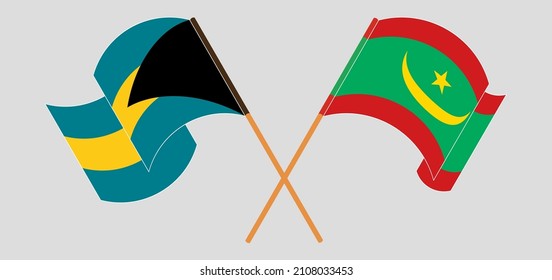 Crossed and waving flags of the Bahamas and Mauritania. Vector illustration