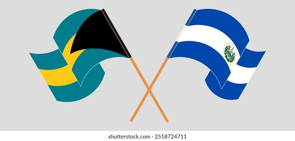 Bandeiras cruzadas e acenando das Bahamas e da República de El Salvador. Ilustração vetorial.
