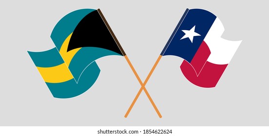 Banderas cruzadas y ondeando banderas de Bahamas y del Estado de Texas