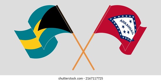 Überquerte und wehende Flaggen der Bahamas und des Bundesstaates Arkansas. Vektorgrafik
