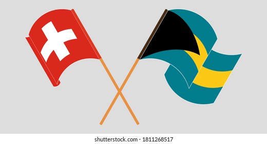 Crossed and waving flags of Bahamas and Switzerland