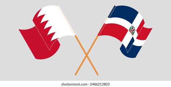 Crossed and waving flags of Bahrain and Dominican Republic. Vector illustration
