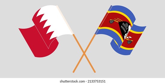 Crossed and waving flags of Bahrain and Eswatini. Vector illustration
