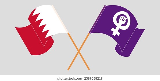 Crossed and waving flags of Bahrain and Feminism. Vector illustration
