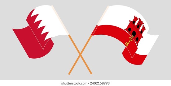 Crossed and waving flags of Bahrain and Gibraltar. Vector illustration
