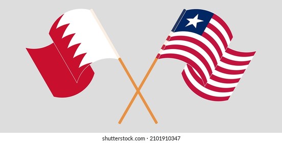 Crossed and waving flags of Bahrain and Liberia. Vector illustration
