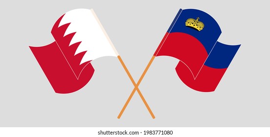 Crossed and waving flags of Bahrain and Liechtenstein