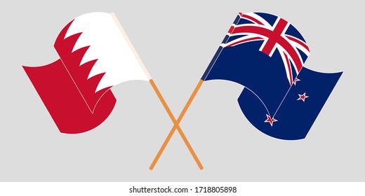 Crossed and waving flags of Bahrain and New Zealand