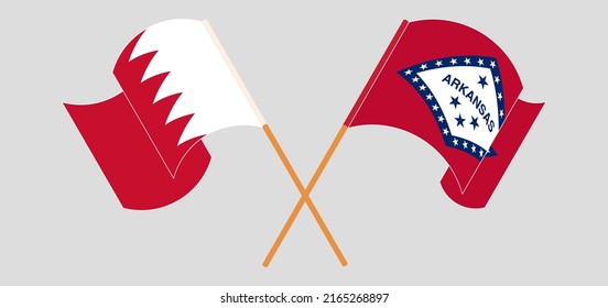 Crossed and waving flags of Bahrain and The State of Arkansas. Vector illustration
