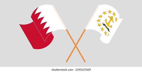 Crossed and waving flags of Bahrain and the State of Rhode Island. Vector illustration
