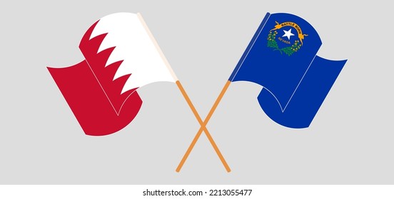 Crossed and waving flags of Bahrain and The State of Nevada. Vector illustration
