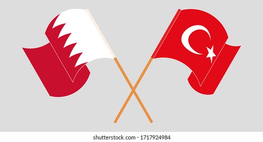 Crossed and waving flags of Bahrain and Turkey