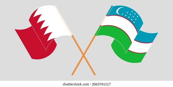 Crossed and waving flags of Bahrain and Uzbekistan