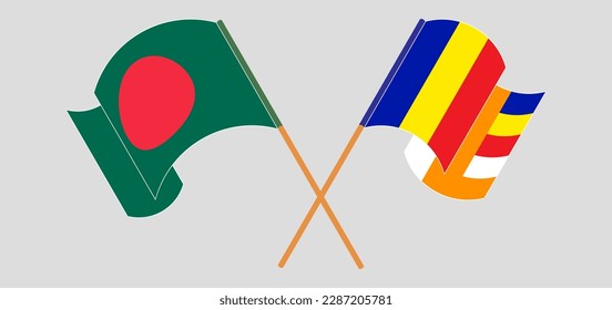 Crossed and waving flags of Bangladesh and Buddhism. Vector illustration