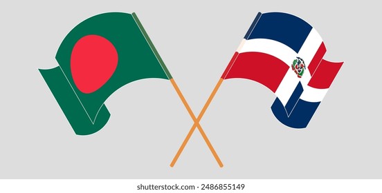 Crossed and waving flags of Bangladesh and Dominican Republic. Vector illustration
