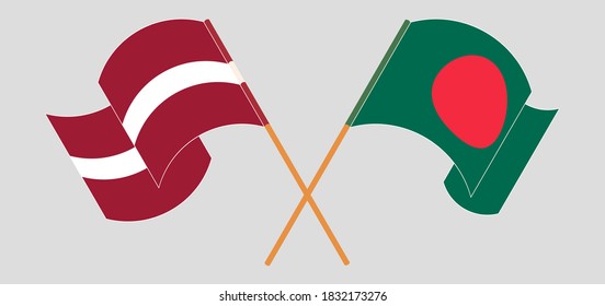 Crossed and waving flags of Bangladesh and Latvia