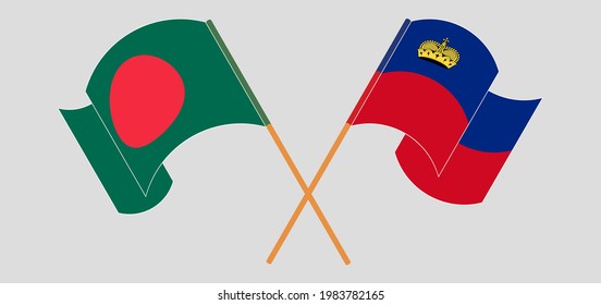 Crossed and waving flags of Bangladesh and Liechtenstein