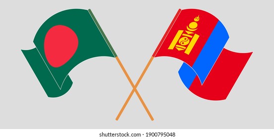 Crossed and waving flags of Bangladesh and Mongolia