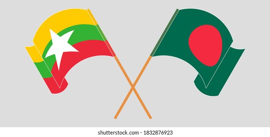 Crossed and waving flags of Bangladesh and Myanmar