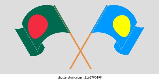 Crossed and waving flags of Bangladesh and Palau. Vector illustration
