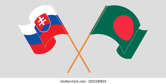 Crossed and waving flags of Bangladesh and Slovakia