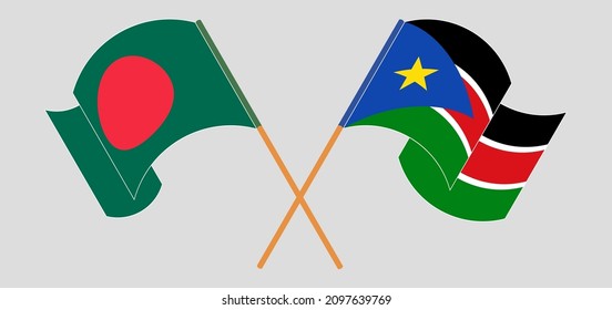 Crossed and waving flags of Bangladesh and South Sudan. Vector illustration
