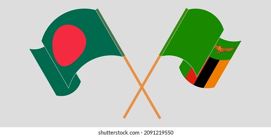 Crossed and waving flags of Bangladesh and Zambia. Vector illustration
