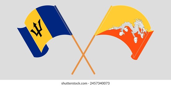 Crossed and waving flags of Barbados and Bhutan. Vector illustration
