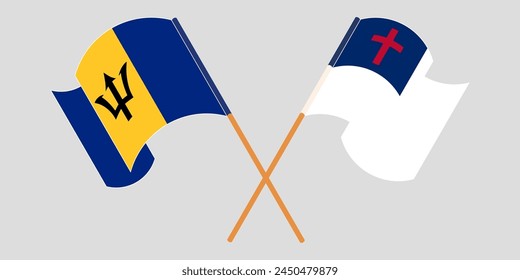 Crossed and waving flags of Barbados and christianity. Vector illustration
