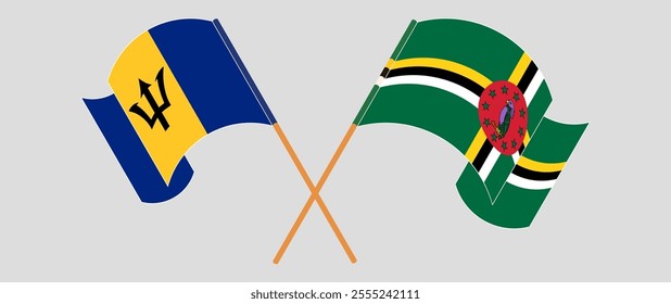 Crossed and waving flags of Barbados and Dominica. Vector illustration.
