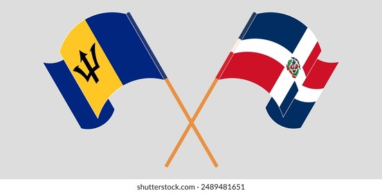 Crossed and waving flags of Barbados and Dominican Republic. Vector illustration
