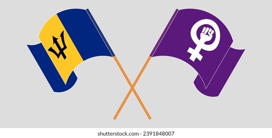 Crossed and waving flags of Barbados and Feminism. Vector illustration
