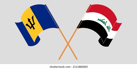 Crossed and waving flags of Barbados and Iraq. Vector illustration

