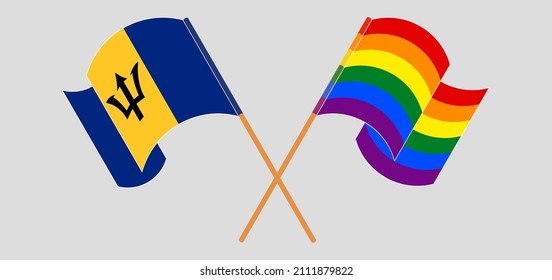 Crossed and waving flags of Barbados and LGBTQ. Vector illustration
