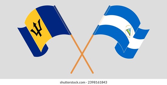 Crossed and waving flags of Barbados and Nicaragua. Vector illustration
