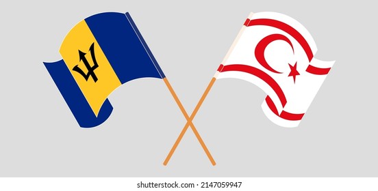 Crossed and waving flags of Barbados and Northern Cyprus. Vector illustration
