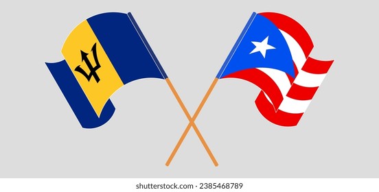 Crossed and waving flags of Barbados and Puerto Rico. Vector illustration
