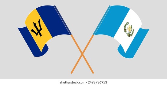 Crossed and waving flags of Barbados and Republic of Guatemala. Vector illustration
