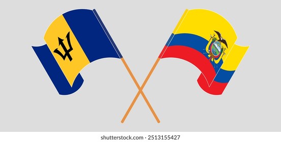 Bandeiras cruzadas e acenando de Barbados e da República do Equador. Ilustração vetorial.
