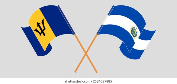 Bandeiras cruzadas e acenando de Barbados e da República de El Salvador. Ilustração vetorial.
